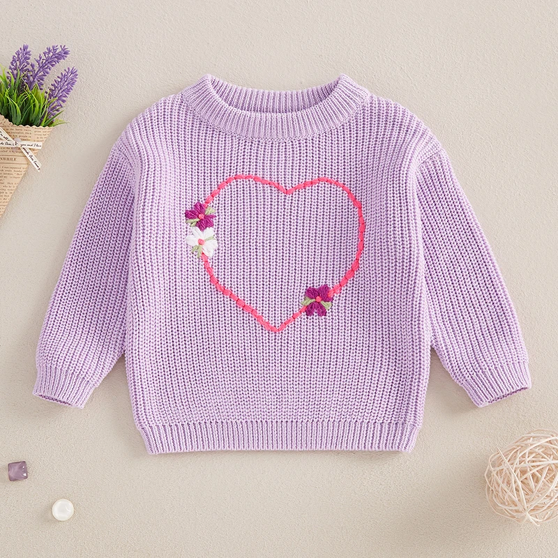 Children s Girls Pullover Sweater Cozy Long Sleeve Crew Neck Knitwear with Heart and Flower Design for Cold Weather