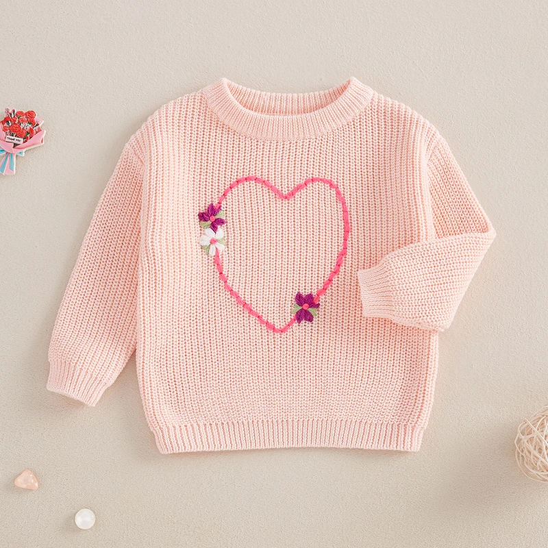 Children s Girls Pullover Sweater Cozy Long Sleeve Crew Neck Knitwear with Heart and Flower Design for Cold Weather