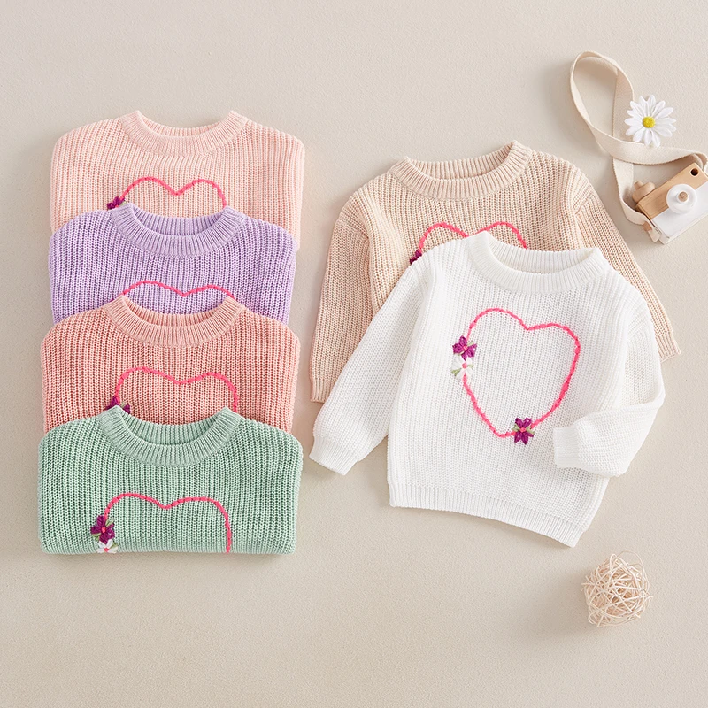 Children s Girls Pullover Sweater Cozy Long Sleeve Crew Neck Knitwear with Heart and Flower Design for Cold Weather