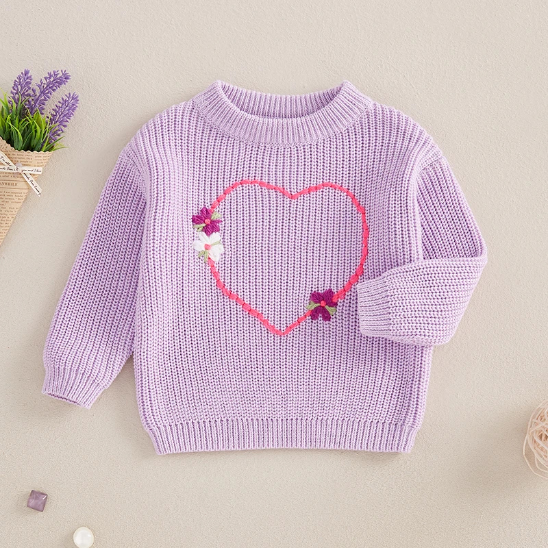 Children s Girls Pullover Sweater Cozy Long Sleeve Crew Neck Knitwear with Heart and Flower Design for Cold Weather