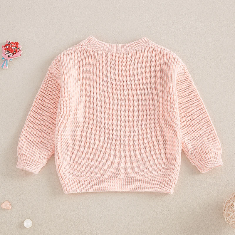 Children s Girls Pullover Sweater Cozy Long Sleeve Crew Neck Knitwear with Heart and Flower Design for Cold Weather