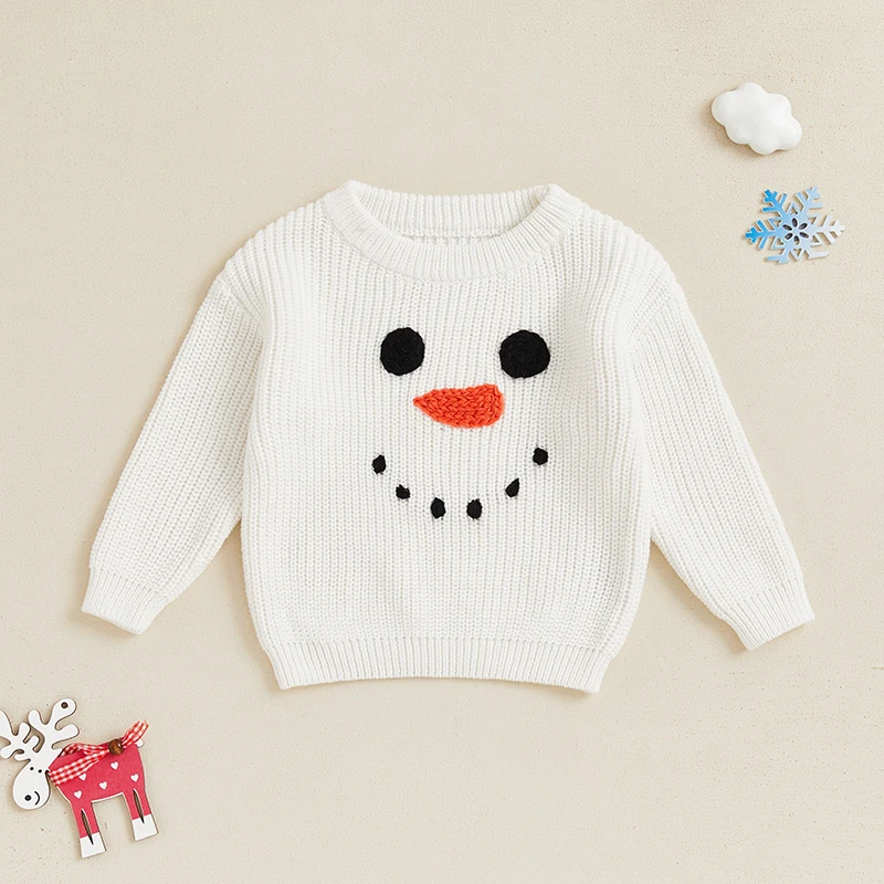 Winter Baby Boy Girl Christmas Knit Sweater Snowman Embroidery Crew Neck Long Sleeve Pullover Sweaters Knitwear Tops Clothes