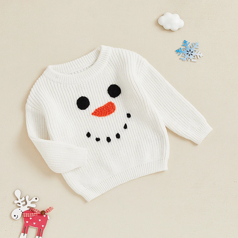 Winter Baby Boy Girl Christmas Knit Sweater Snowman Embroidery Crew Neck Long Sleeve Pullover Sweaters Knitwear Tops Clothes