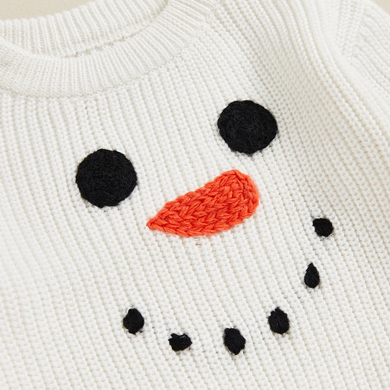 Winter Baby Boy Girl Christmas Knit Sweater Snowman Embroidery Crew Neck Long Sleeve Pullover Sweaters Knitwear Tops Clothes