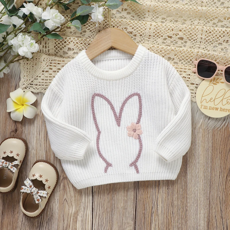 Toddler Girl Long Sleeve Sweater with Round Neckline and Cute Ice Cream Embroidery Detail - Adorable Knit Pullover for Little