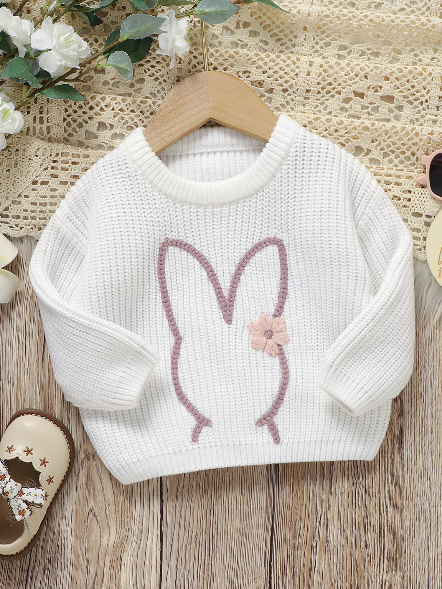 Toddler Girl Long Sleeve Sweater with Round Neckline and Cute Ice Cream Embroidery Detail - Adorable Knit Pullover for Little