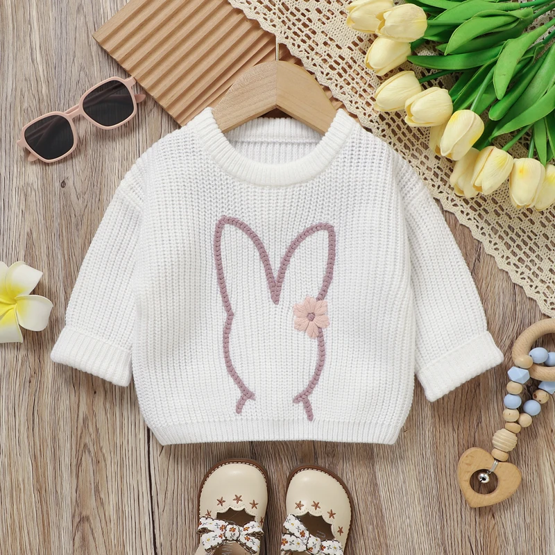 Toddler Girl Long Sleeve Sweater with Round Neckline and Cute Ice Cream Embroidery Detail - Adorable Knit Pullover for Little