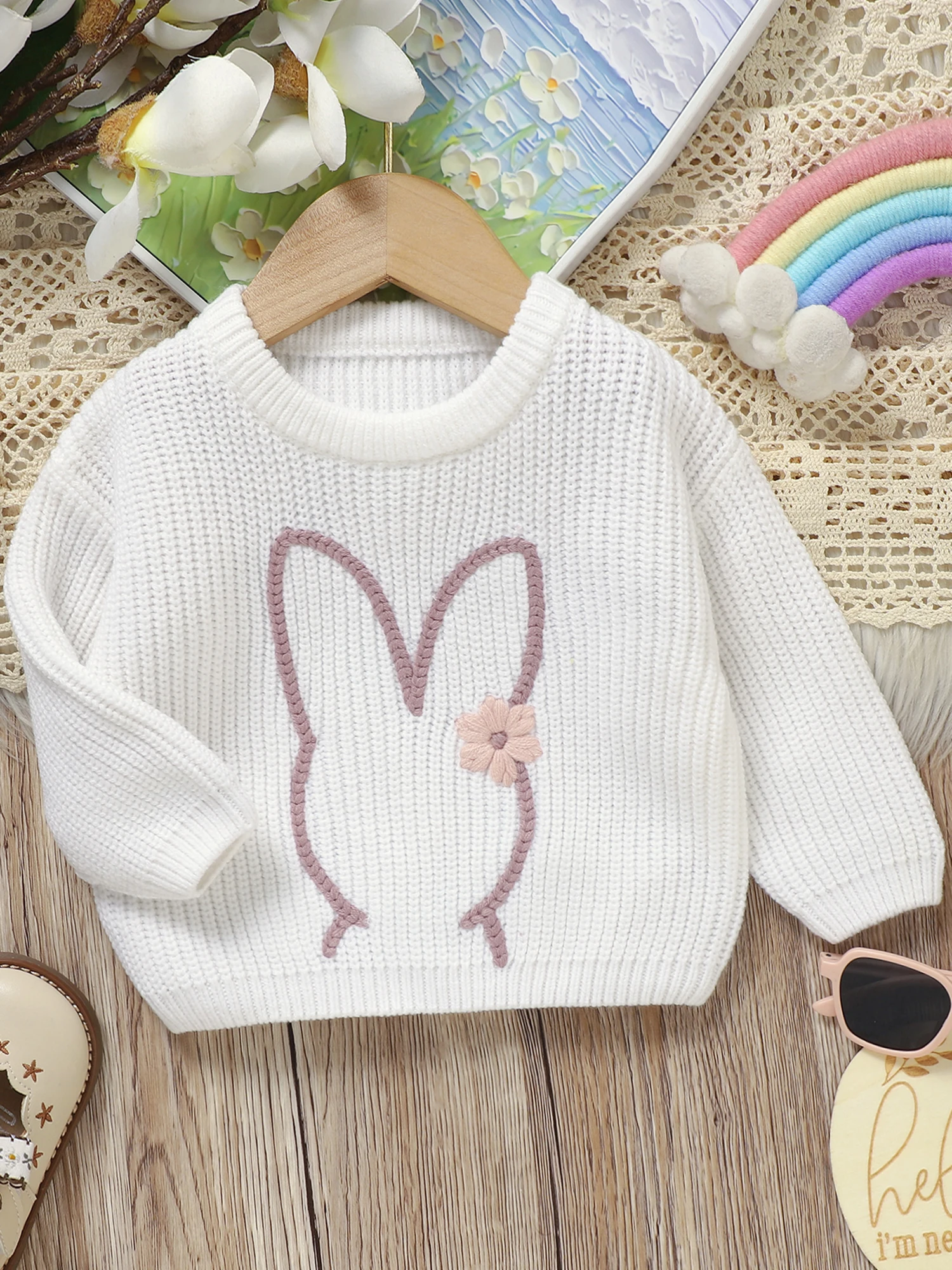 Toddler Girl Long Sleeve Sweater with Round Neckline and Cute Ice Cream Embroidery Detail - Adorable Knit Pullover for Little