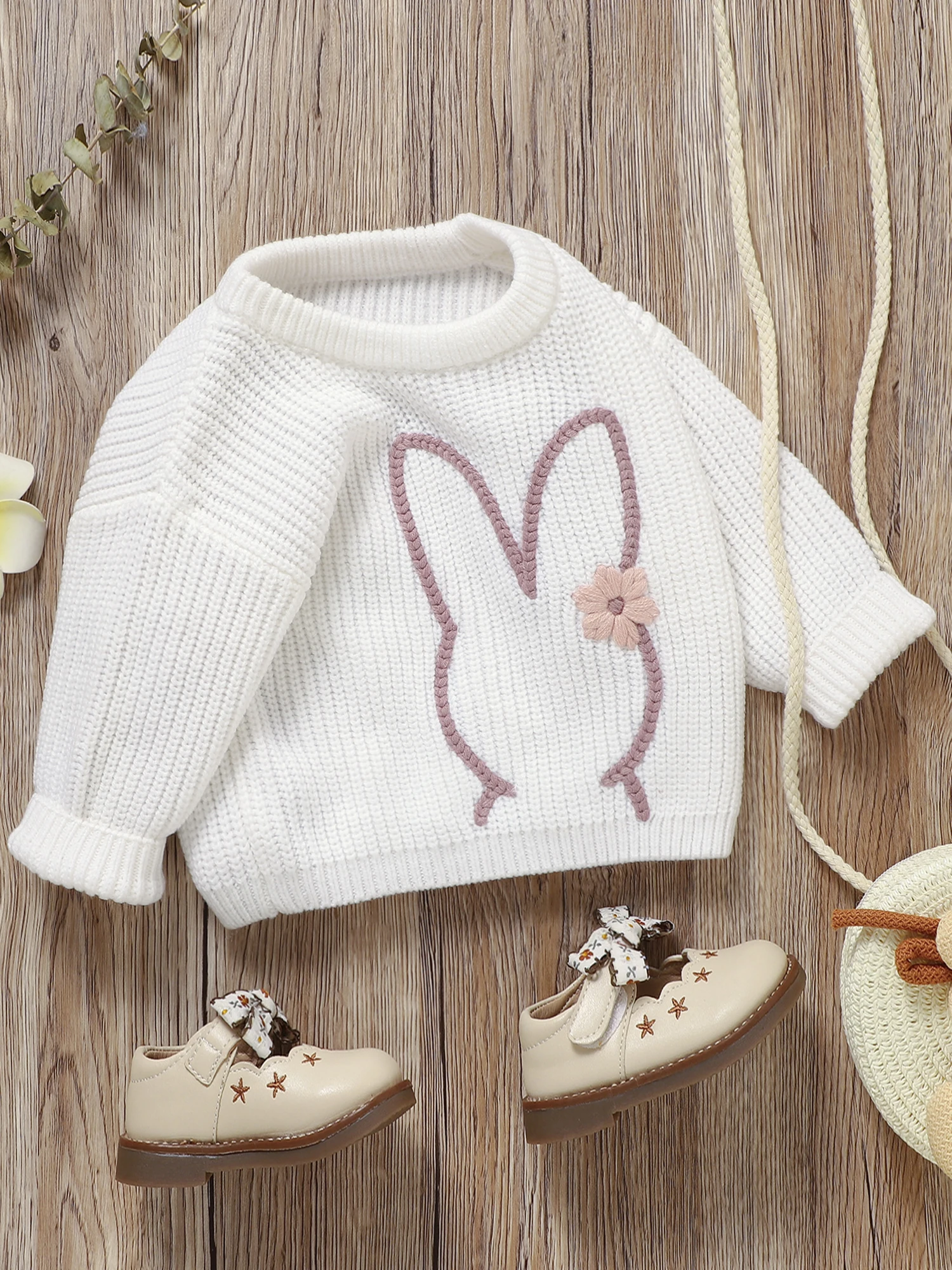 Toddler Girl Long Sleeve Sweater with Round Neckline and Cute Ice Cream Embroidery Detail - Adorable Knit Pullover for Little