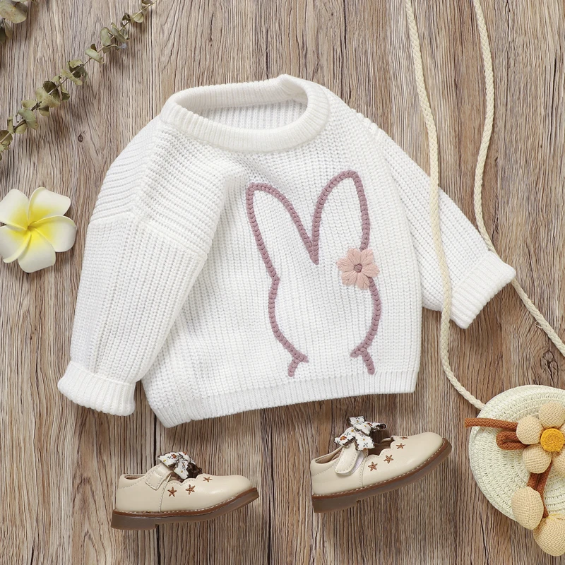 Toddler Girl Long Sleeve Sweater with Round Neckline and Cute Ice Cream Embroidery Detail - Adorable Knit Pullover for Little