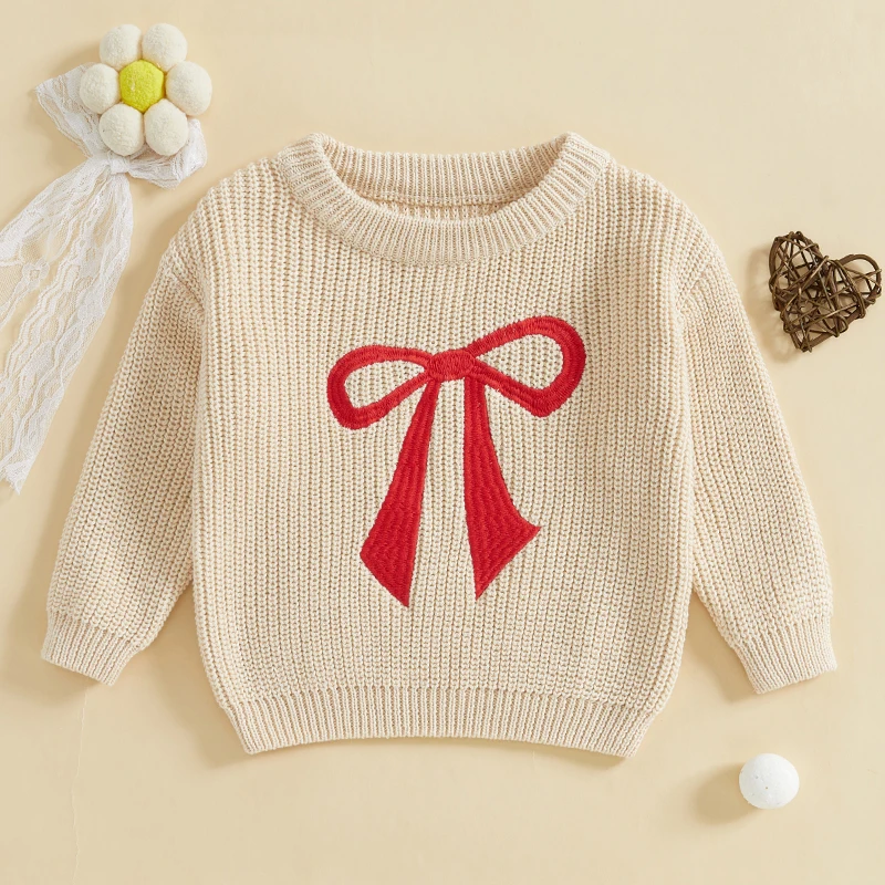 Toddler Girls Boys Sweater Bowknot Pattern Crew Neck Long Sleeve Baby Pullovers Fall Winter Casual Tops