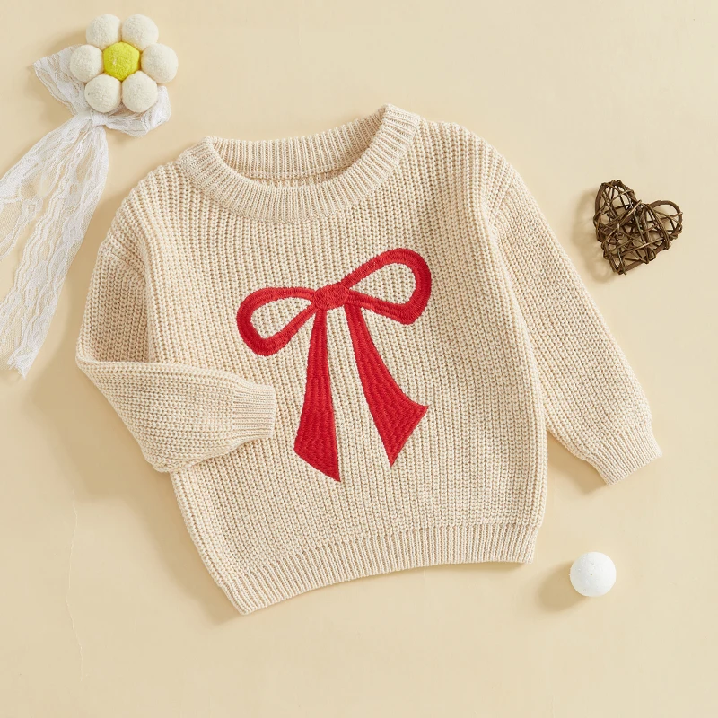 Toddler Girls Boys Sweater Bowknot Pattern Crew Neck Long Sleeve Baby Pullovers Fall Winter Casual Tops