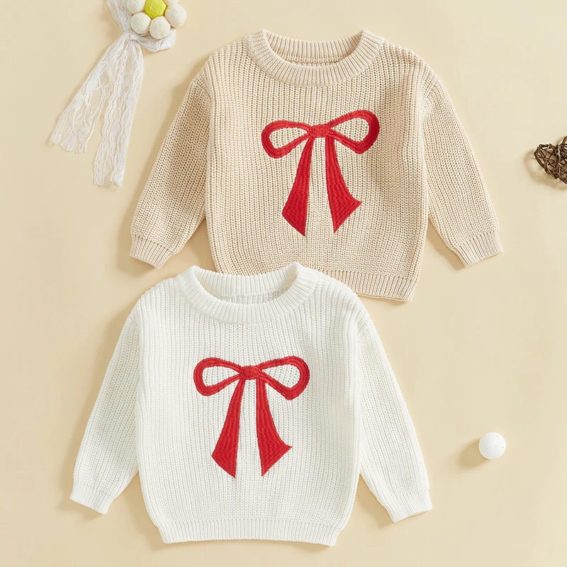 Toddler Girls Boys Sweater Bowknot Pattern Crew Neck Long Sleeve Baby Pullovers Fall Winter Casual Tops