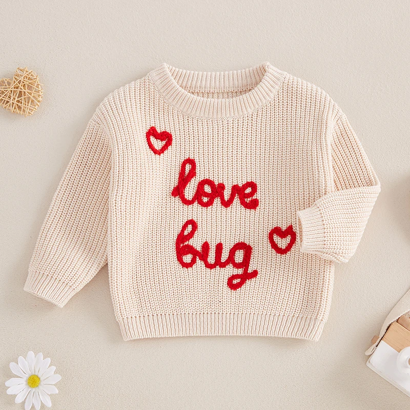 Cute Valentine s Day Baby Sweaters with Long Sleeves and Round Neck Featuring Letter Embroidery Detail on Infant Fall Tops