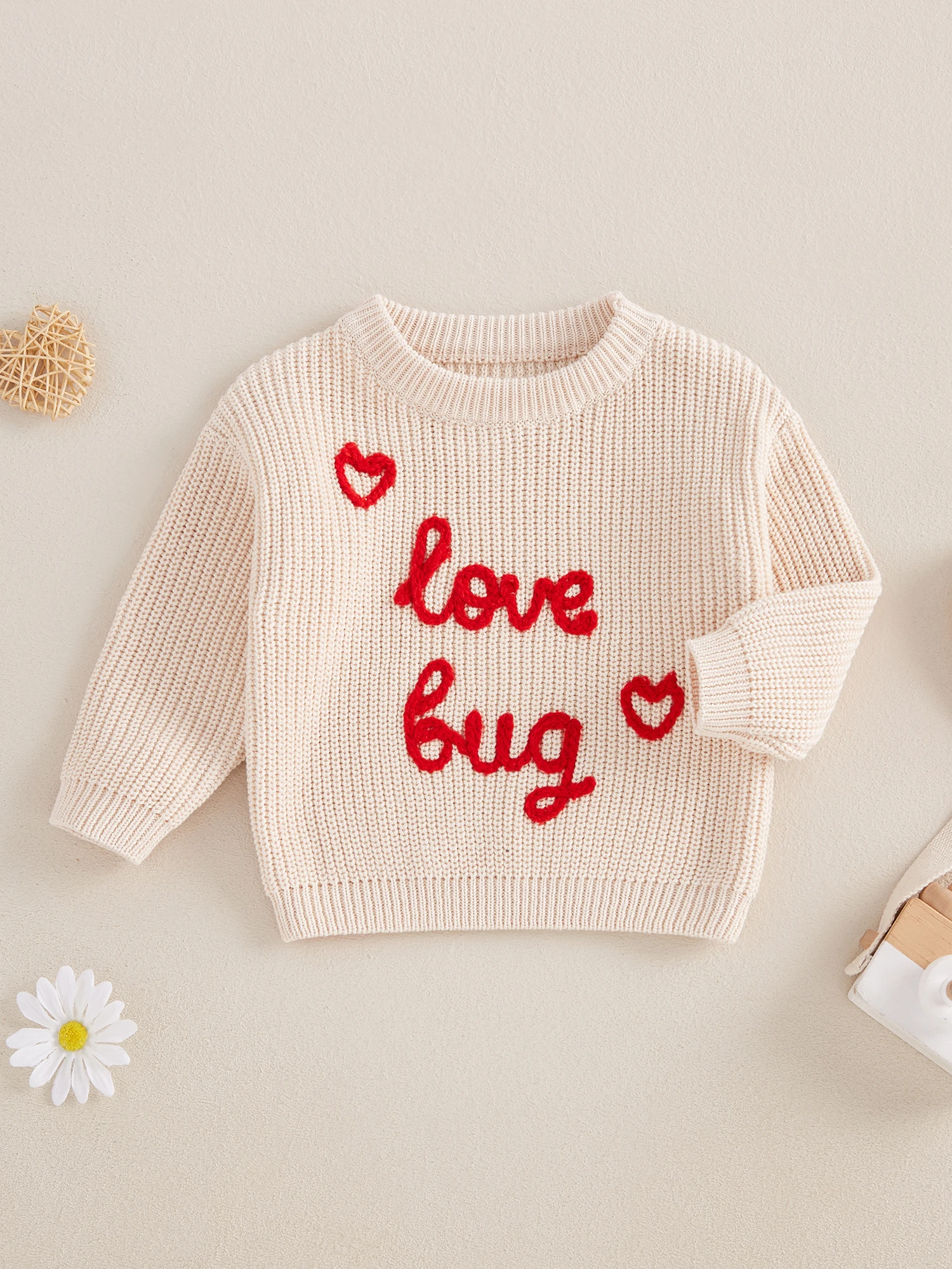 Cute Valentine s Day Baby Sweaters with Long Sleeves and Round Neck Featuring Letter Embroidery Detail on Infant Fall Tops