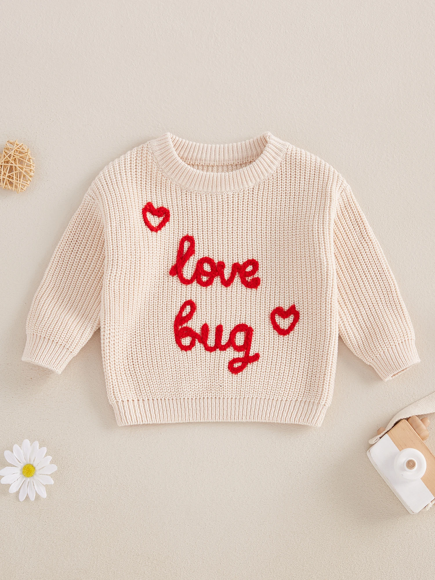 Cute Valentine s Day Baby Sweaters with Long Sleeves and Round Neck Featuring Letter Embroidery Detail on Infant Fall Tops