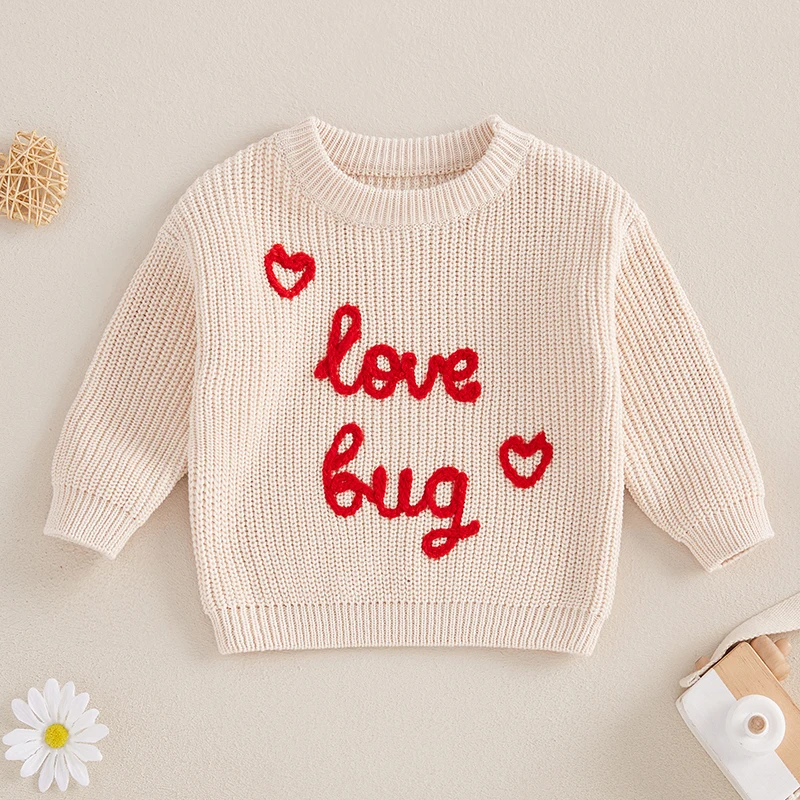 Cute Valentine s Day Baby Sweaters with Long Sleeves and Round Neck Featuring Letter Embroidery Detail on Infant Fall Tops