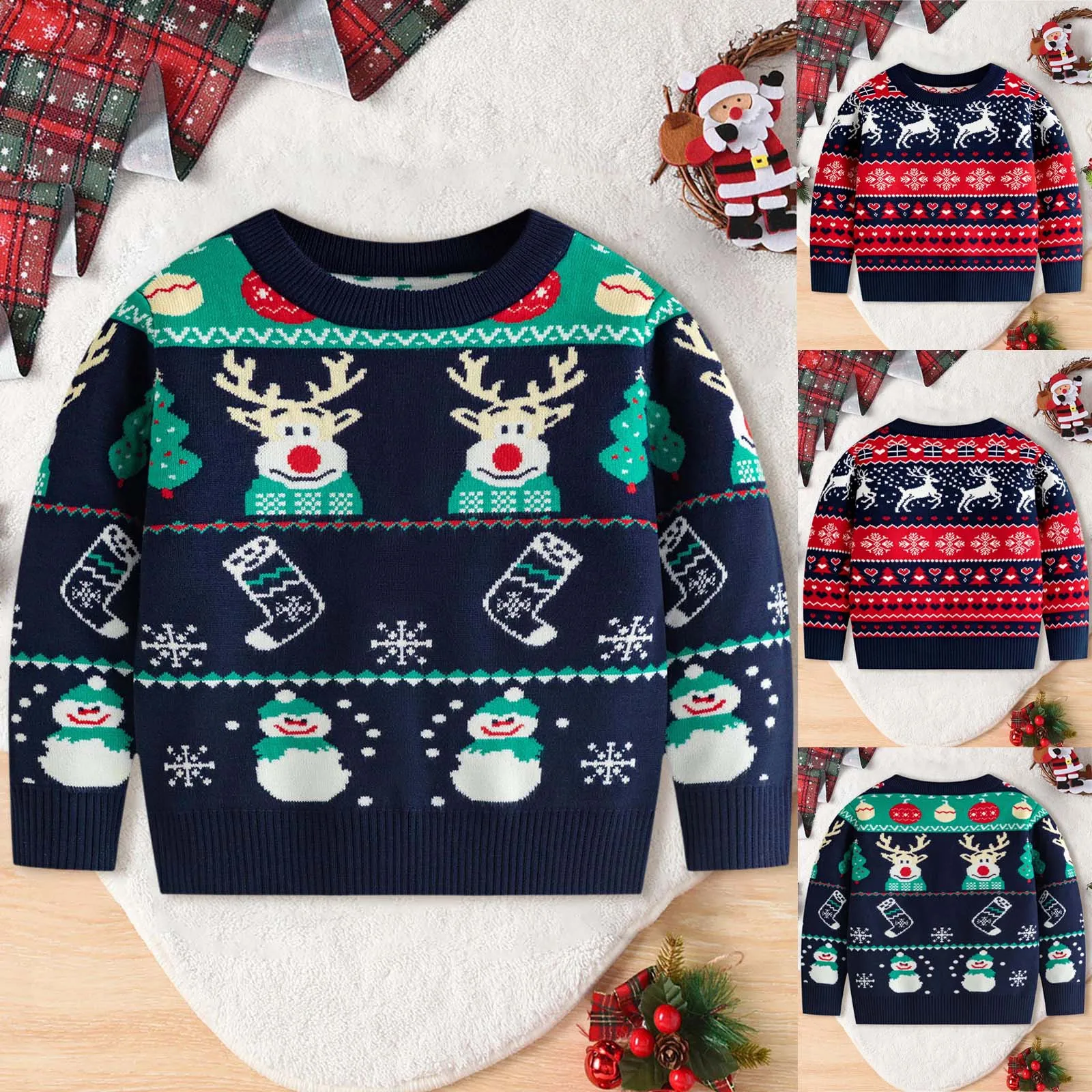 2024 Christmas Print Sweater Boys Girls Knit Pullover Cotton Clothes Autumn Winter Xmas Kids Slouchy Soft Wool Clothing Knitwear