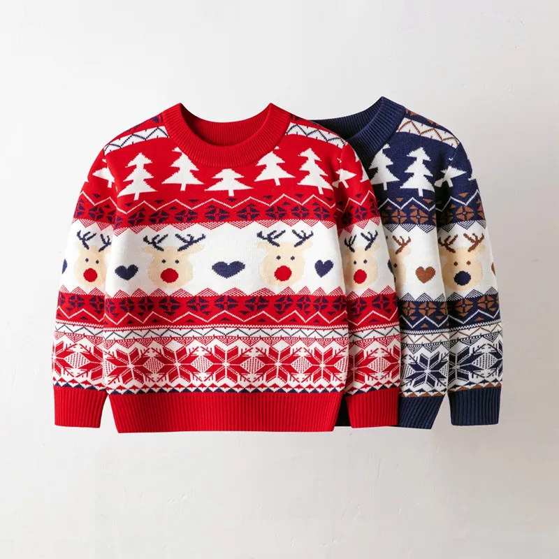 Christmas Boys Girls Sweater Winter Autumn Long Sleeve Printed  Warm Knitwear Pullover Knitted Sweater Kids Party Clothing