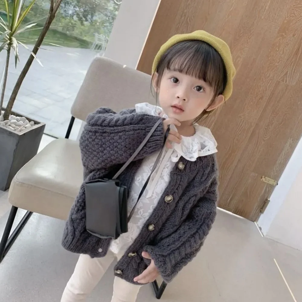 Baywell Autumn Winter Girls Crew Neck Knitted Cardigan Jacket Kids Girl Cardigan Sweater Cute Crochet Sweater 2-8 Years