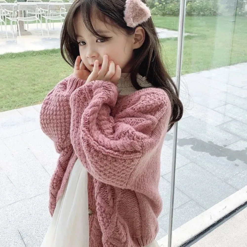 Baywell Autumn Winter Girls Crew Neck Knitted Cardigan Jacket Kids Girl Cardigan Sweater Cute Crochet Sweater 2-8 Years