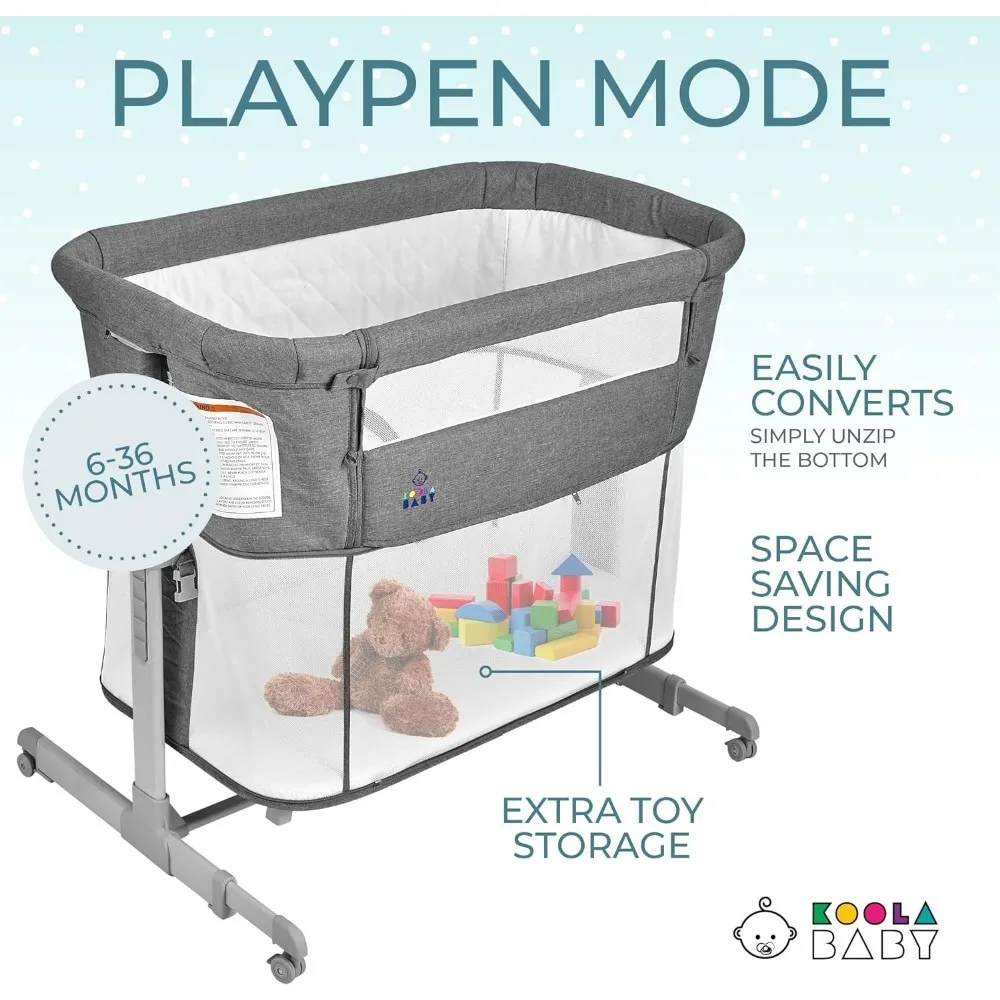 3 in 1 Baby Bassinet, Bedside Sleeper, & Playpen, Easy Folding Portable Crib (Grey)- KoolaBaby (Bassinet)