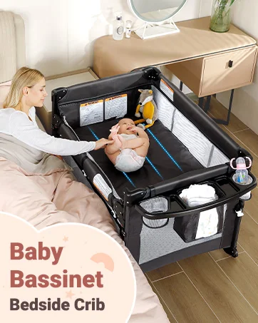 4 in 1 Wide Baby Bassinet Bedside with Diaper Changer,Long Next to Bed Crib with Mattress,Sheet,Music and Blackout Cover,Playpen