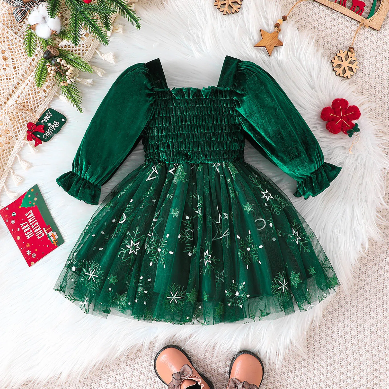 1 2 3 4 5 Years Toddler Children Girls Christmas Dress Fall Winter Long Sleeve Star Prints Dresses Tulle Dress Christmas Clothes