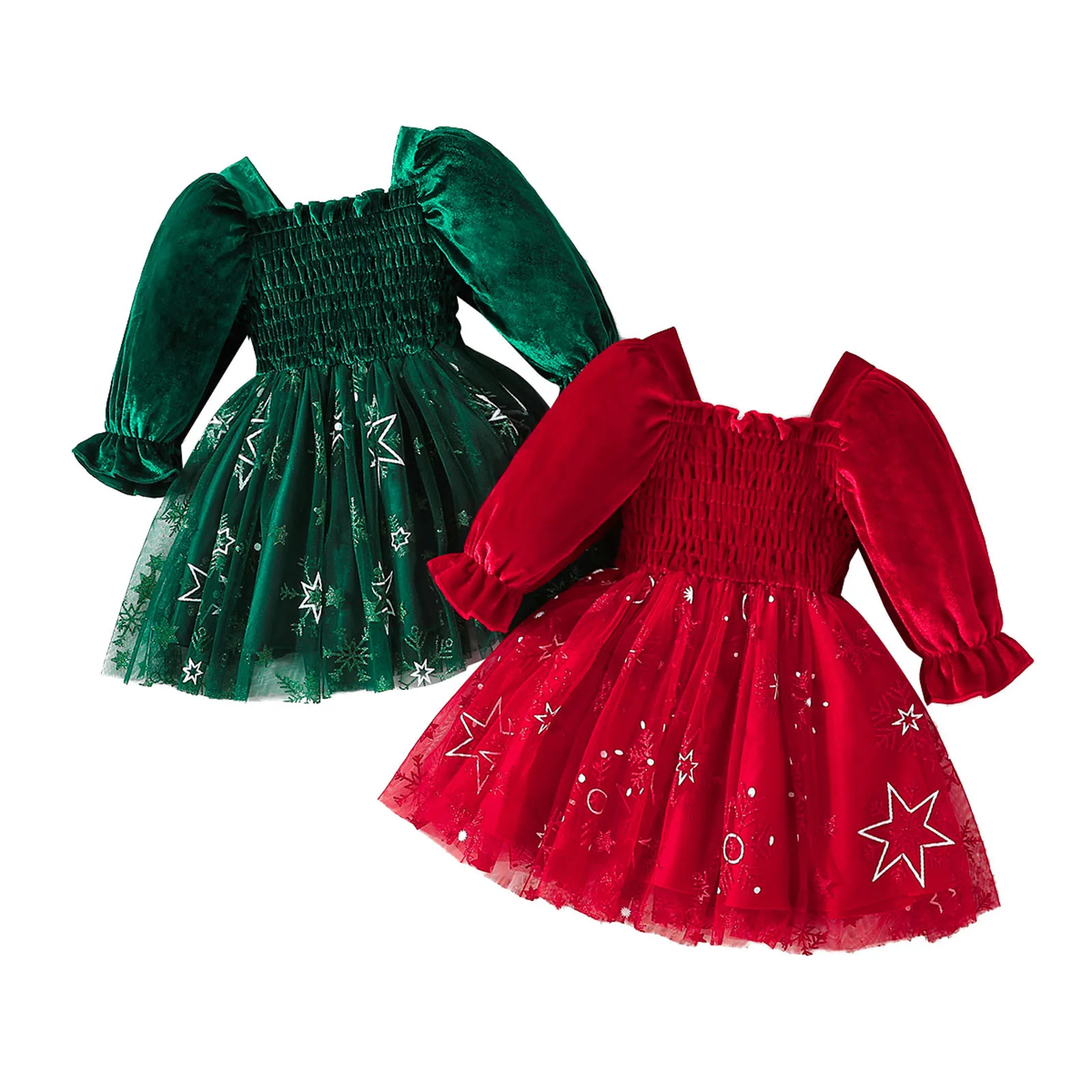 1 2 3 4 5 Years Toddler Children Girls Christmas Dress Fall Winter Long Sleeve Star Prints Dresses Tulle Dress Christmas Clothes