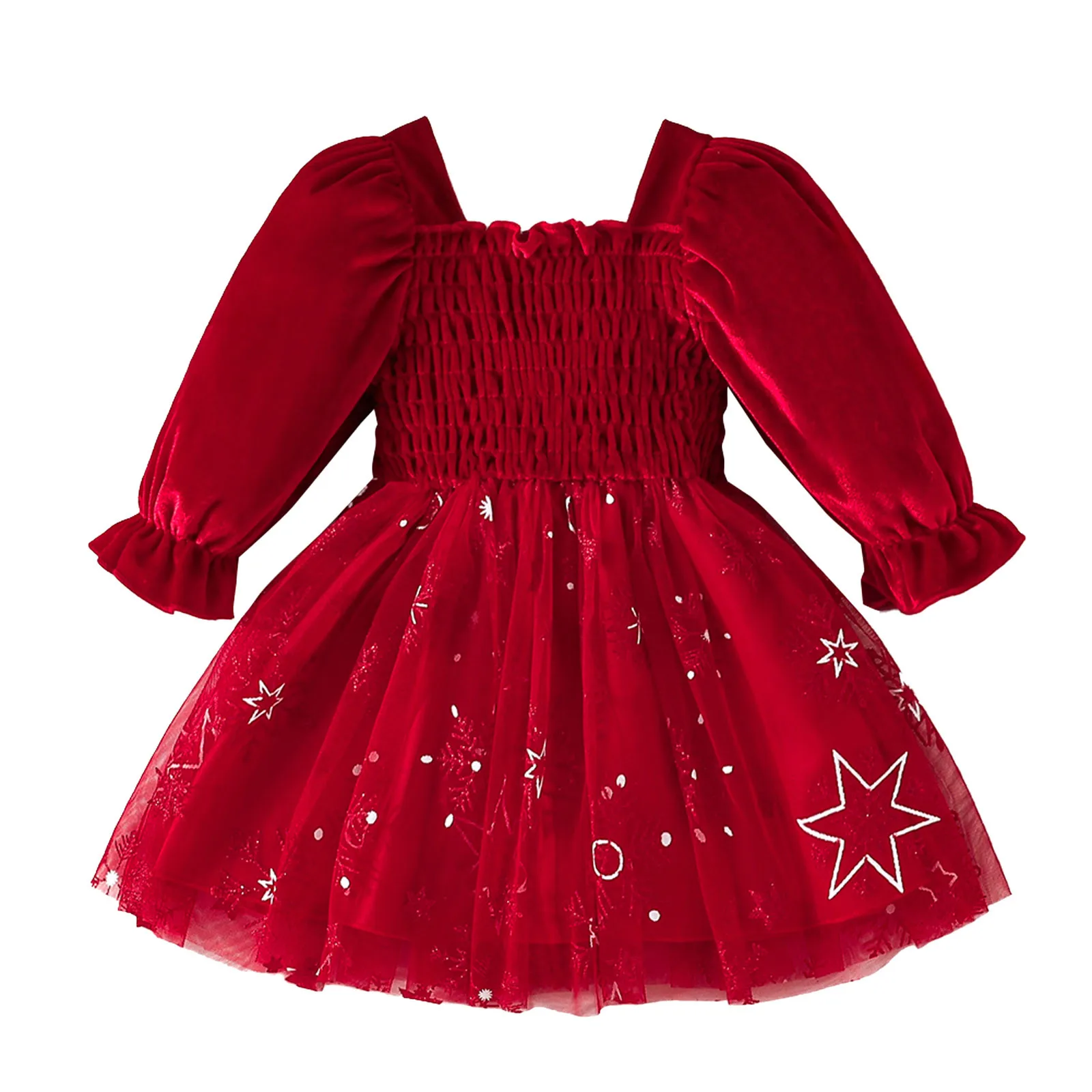 1 2 3 4 5 Years Toddler Children Girls Christmas Dress Fall Winter Long Sleeve Star Prints Dresses Tulle Dress Christmas Clothes