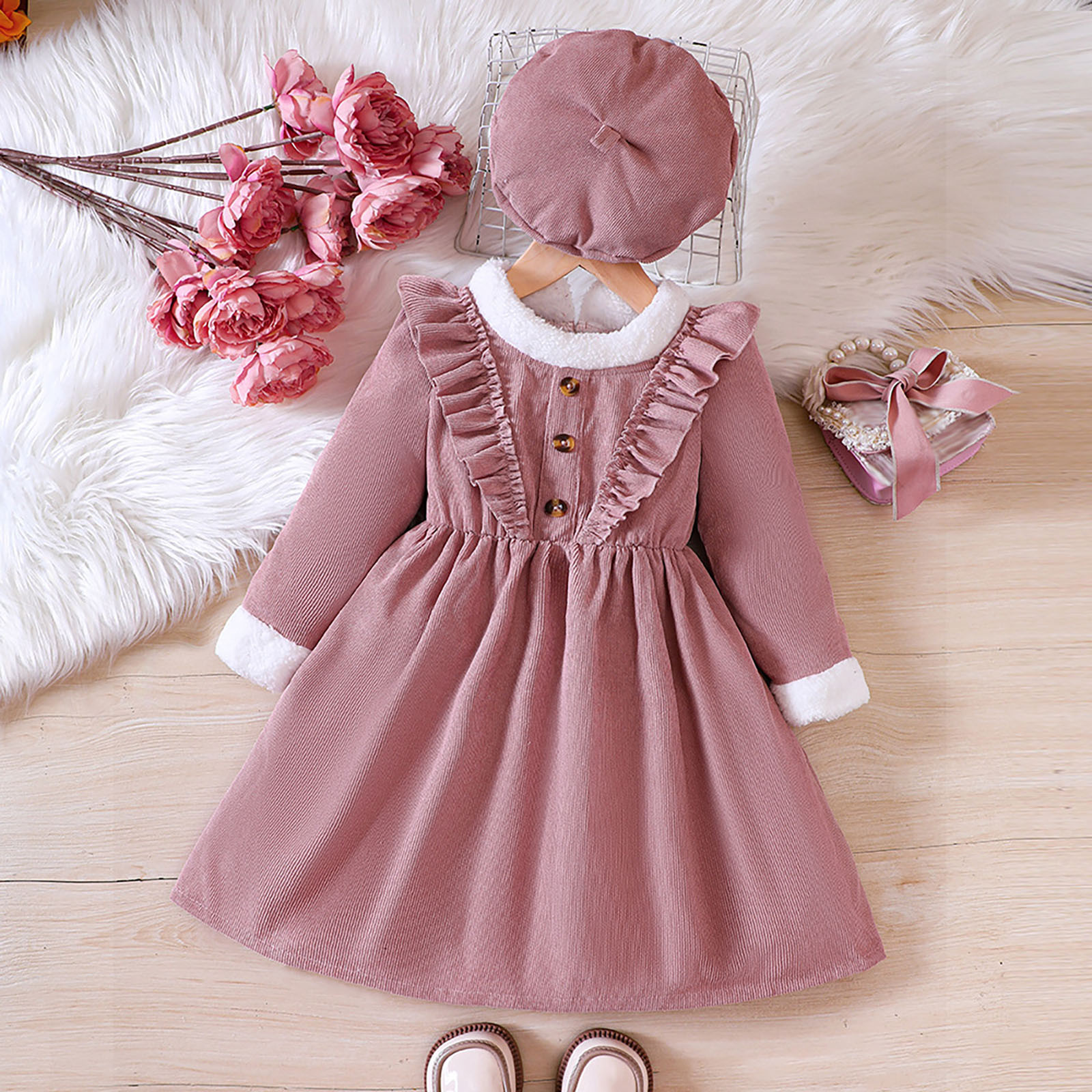 Autumn Toddler Girl Dress Ruffle Winter Long Sleeve Dresses Ruffles Princess Clothes Kid Pleated Corduroy Flounce Chidlren Dress