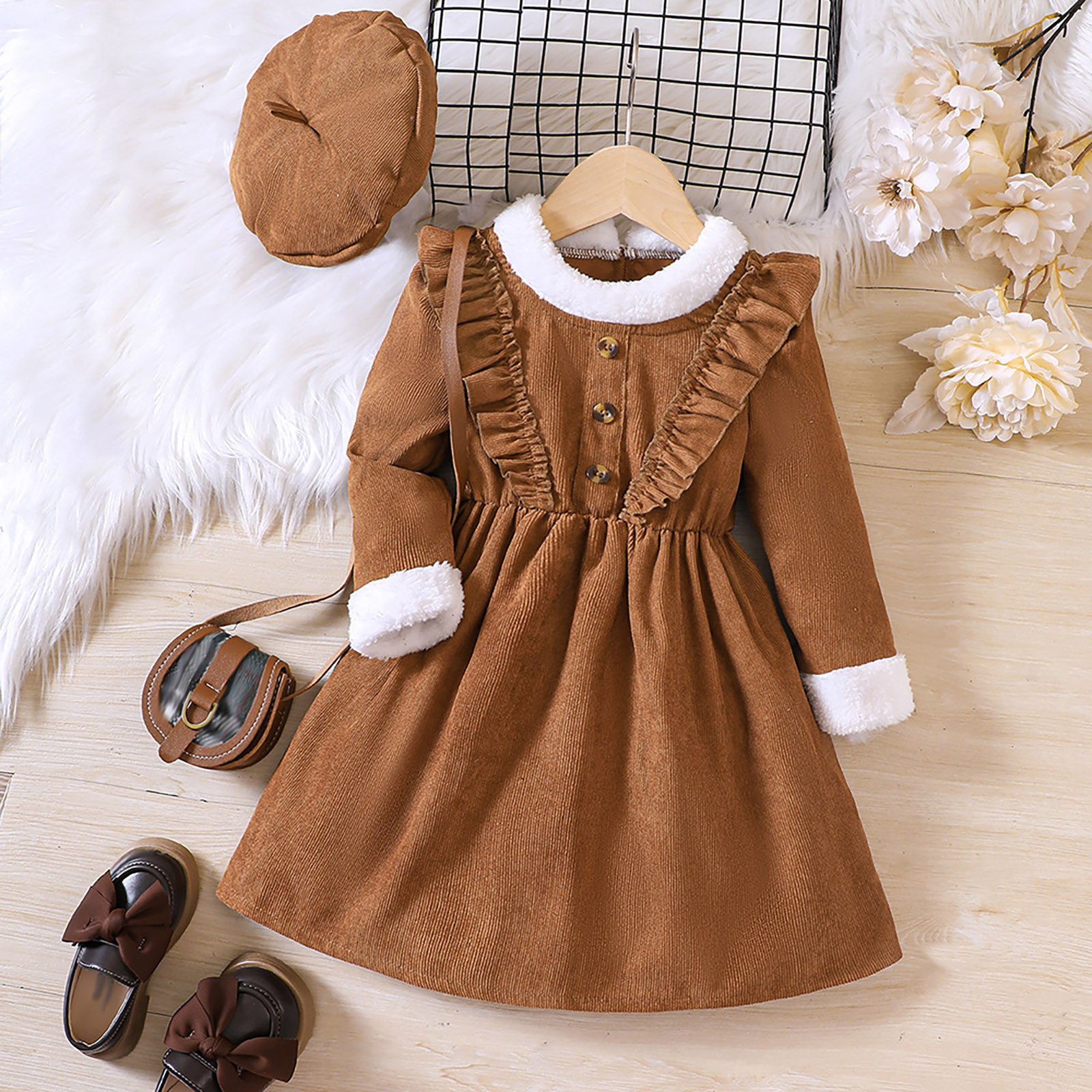 Autumn Toddler Girl Dress Ruffle Winter Long Sleeve Dresses Ruffles Princess Clothes Kid Pleated Corduroy Flounce Chidlren Dress