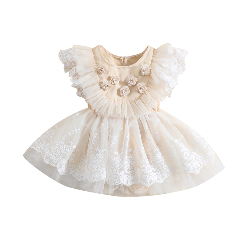 2022-12-30 Lioraitiin 0-18M Baby Girls Dress Fly Sleeve Crew Neck Flower Lace Tulle Patchwork A-line Romper Dress