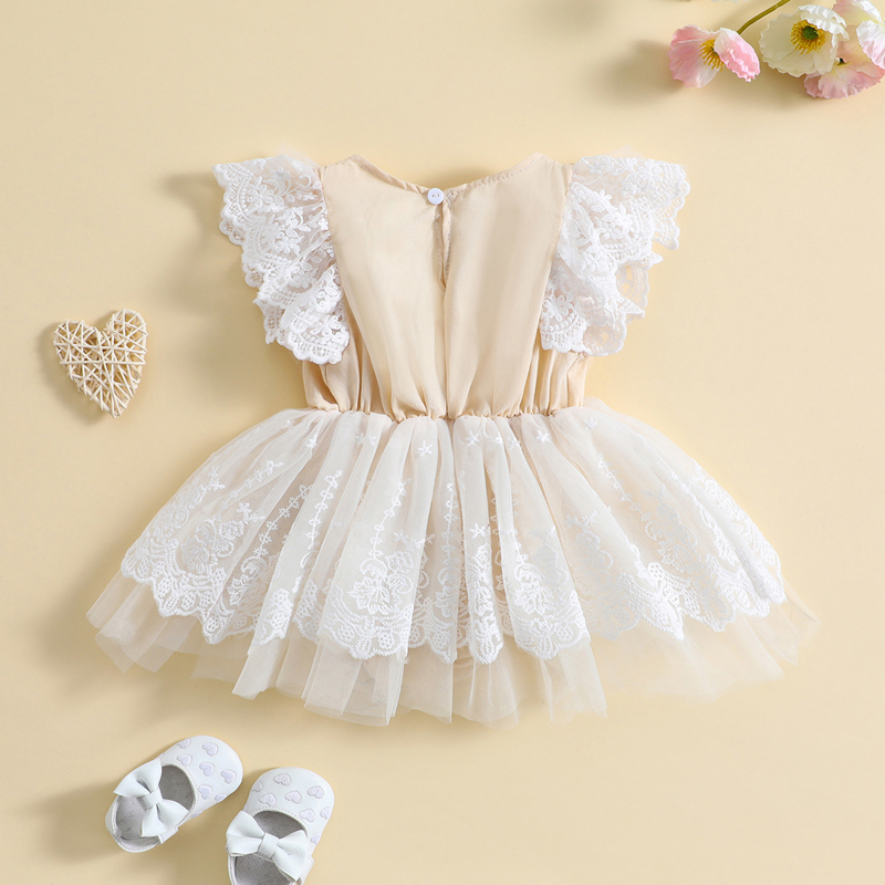 2022-12-30 Lioraitiin 0-18M Baby Girls Dress Fly Sleeve Crew Neck Flower Lace Tulle Patchwork A-line Romper Dress