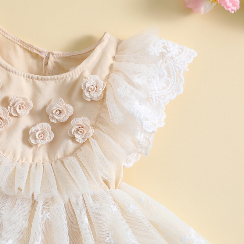 2022-12-30 Lioraitiin 0-18M Baby Girls Dress Fly Sleeve Crew Neck Flower Lace Tulle Patchwork A-line Romper Dress