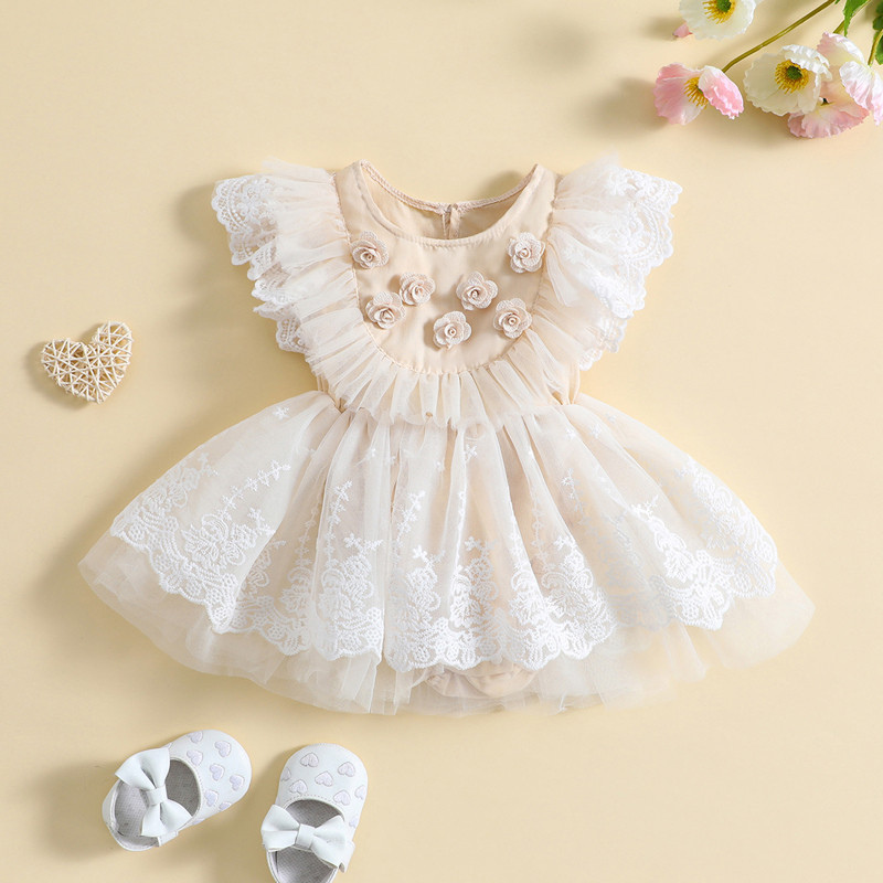 2022-12-30 Lioraitiin 0-18M Baby Girls Dress Fly Sleeve Crew Neck Flower Lace Tulle Patchwork A-line Romper Dress