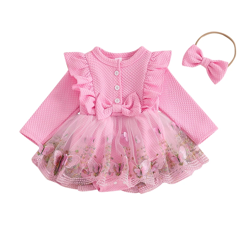 Infant Baby Girl Princess Romper Dress Fall Spring Long Sleeve Crew Neck Ruffled Butterfly Embroidery Mesh Dress with Headband