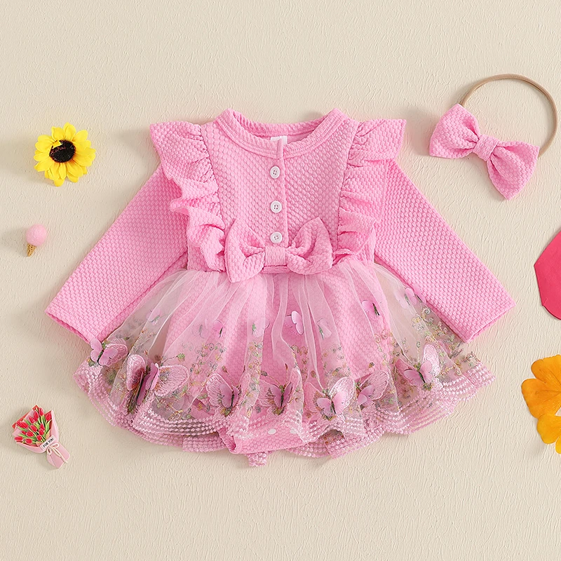 Infant Baby Girl Princess Romper Dress Fall Spring Long Sleeve Crew Neck Ruffled Butterfly Embroidery Mesh Dress with Headband