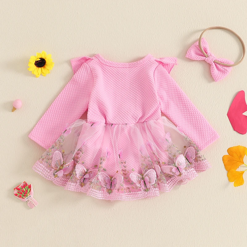 Infant Baby Girl Princess Romper Dress Fall Spring Long Sleeve Crew Neck Ruffled Butterfly Embroidery Mesh Dress with Headband