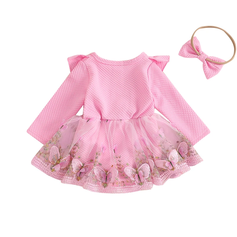 Infant Baby Girl Princess Romper Dress Fall Spring Long Sleeve Crew Neck Ruffled Butterfly Embroidery Mesh Dress with Headband