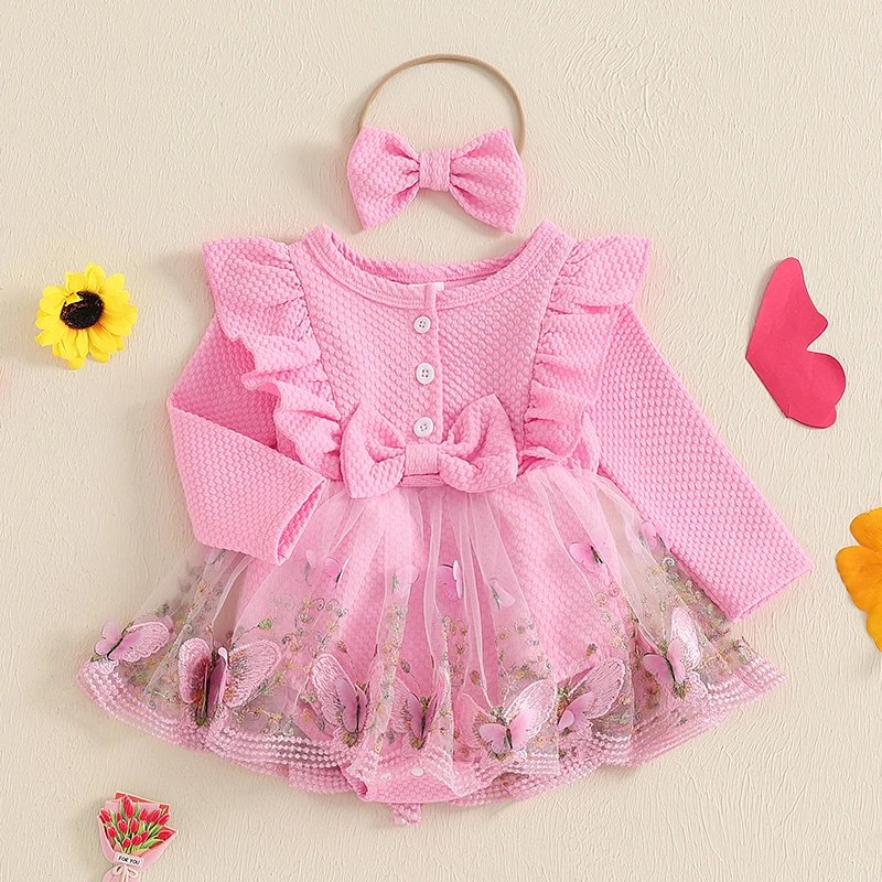 Infant Baby Girl Princess Romper Dress Fall Spring Long Sleeve Crew Neck Ruffled Butterfly Embroidery Mesh Dress with Headband