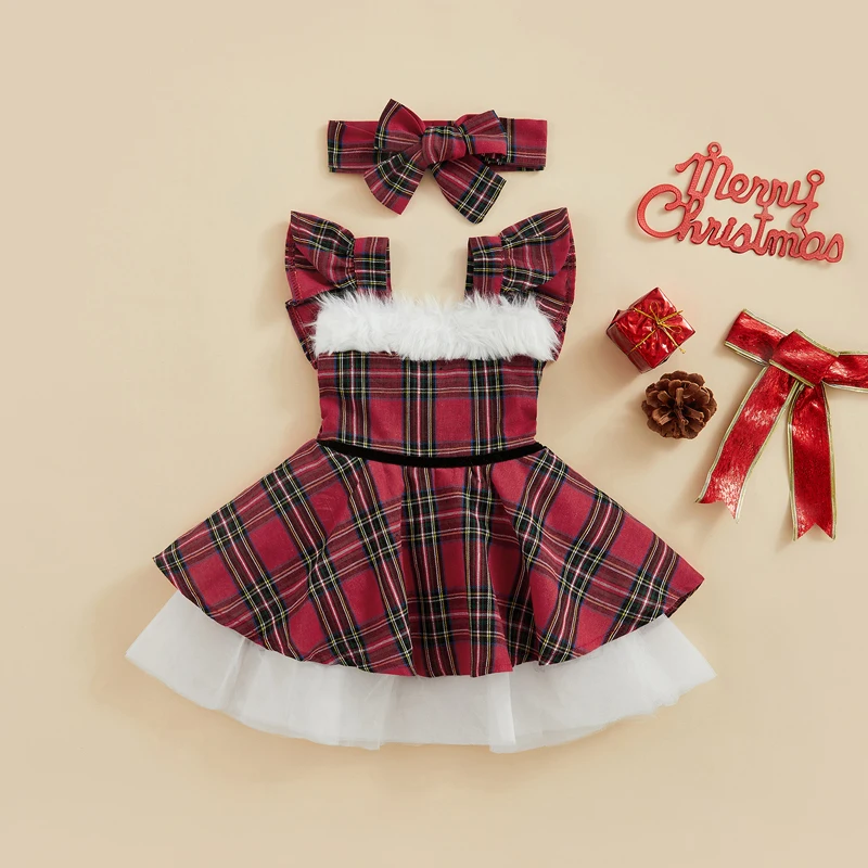 Toddler Girls Winter Holiday Dress Set with Ruffled Sleeves Layered Tulle Skirt Plaid Pattern Matching Headband