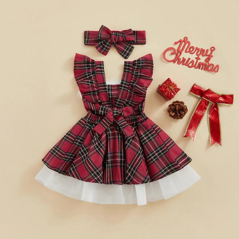 Toddler Girls Winter Holiday Dress Set with Ruffled Sleeves Layered Tulle Skirt Plaid Pattern Matching Headband