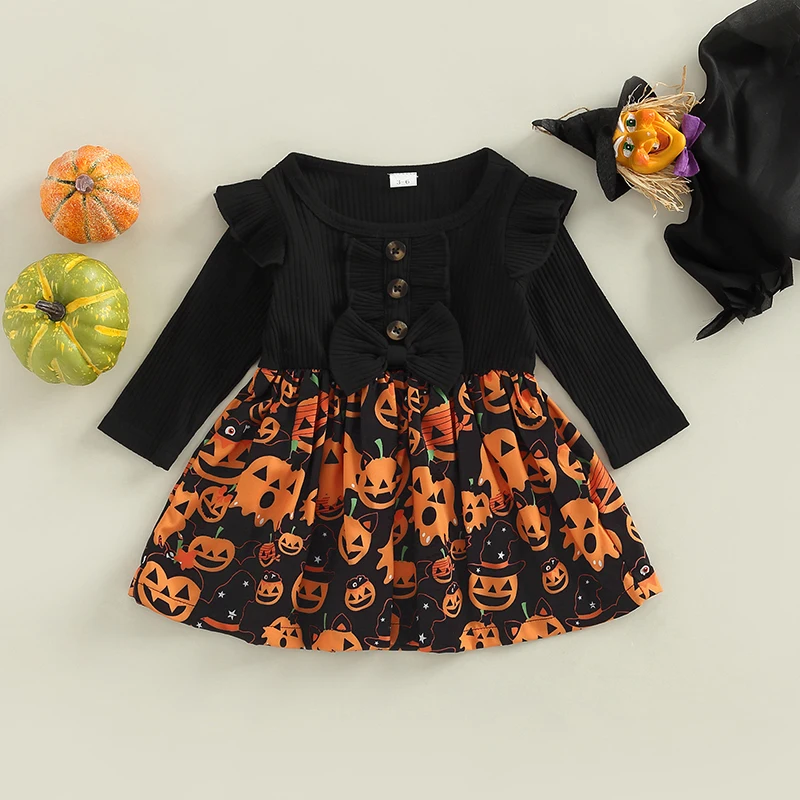 Infant Girl Halloween Costume Short Sleeve Witch Printed Tutu Dress with Bowknot Headband Adorable Party Outfit for Baby Girl