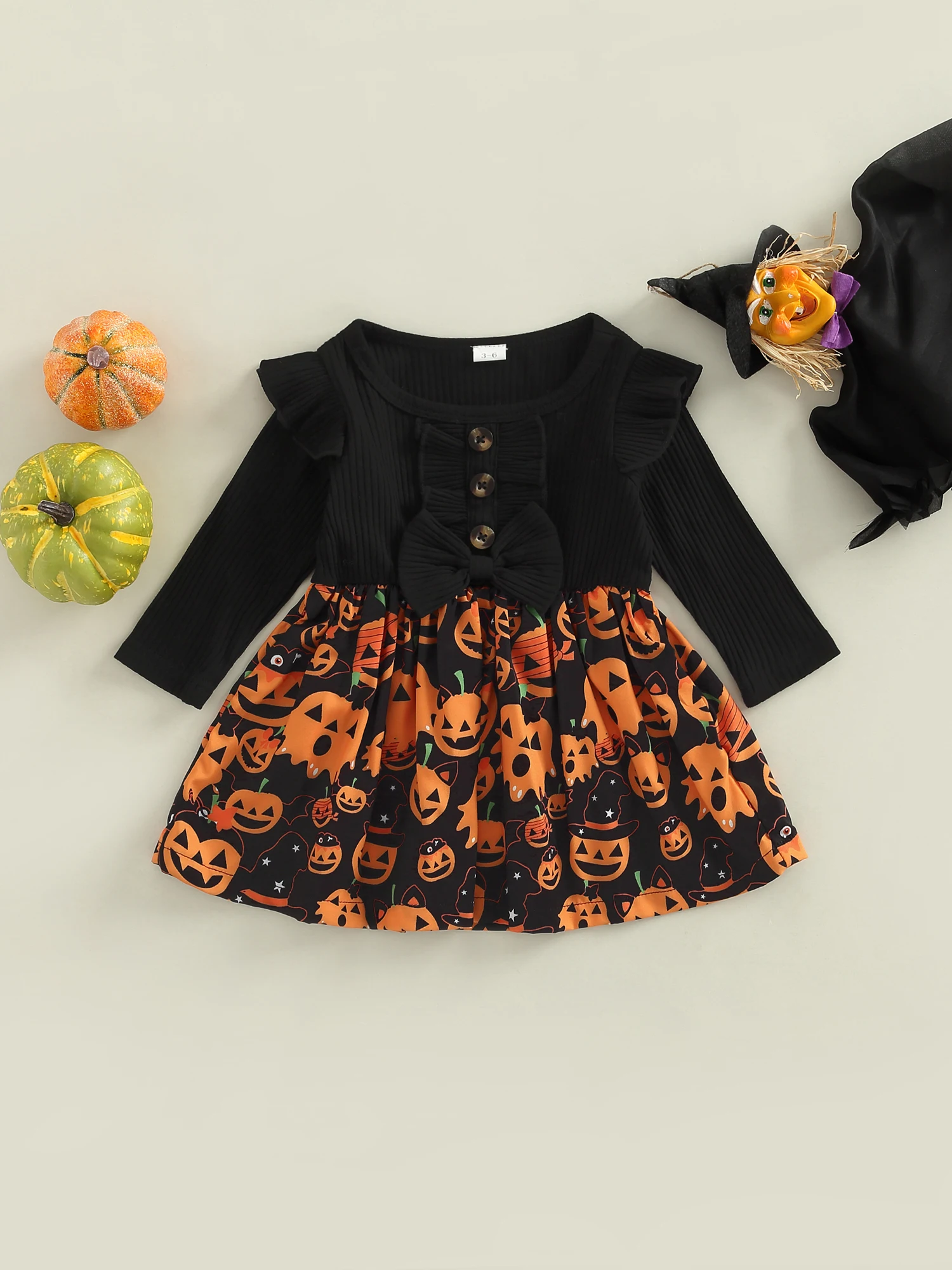 Infant Girl Halloween Costume Short Sleeve Witch Printed Tutu Dress with Bowknot Headband Adorable Party Outfit for Baby Girl