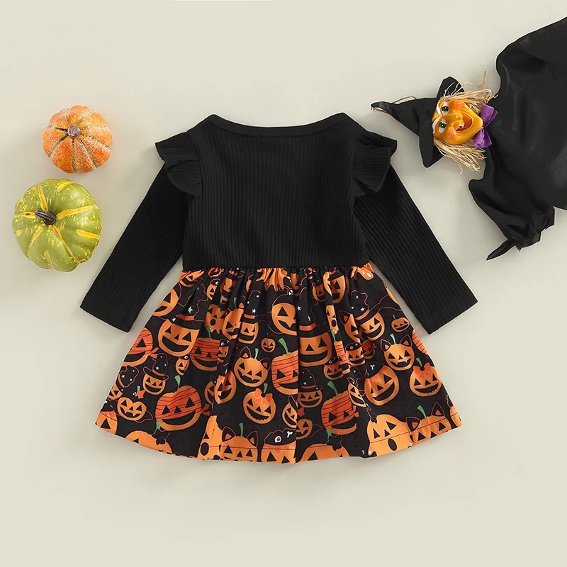 Infant Girl Halloween Costume Short Sleeve Witch Printed Tutu Dress with Bowknot Headband Adorable Party Outfit for Baby Girl