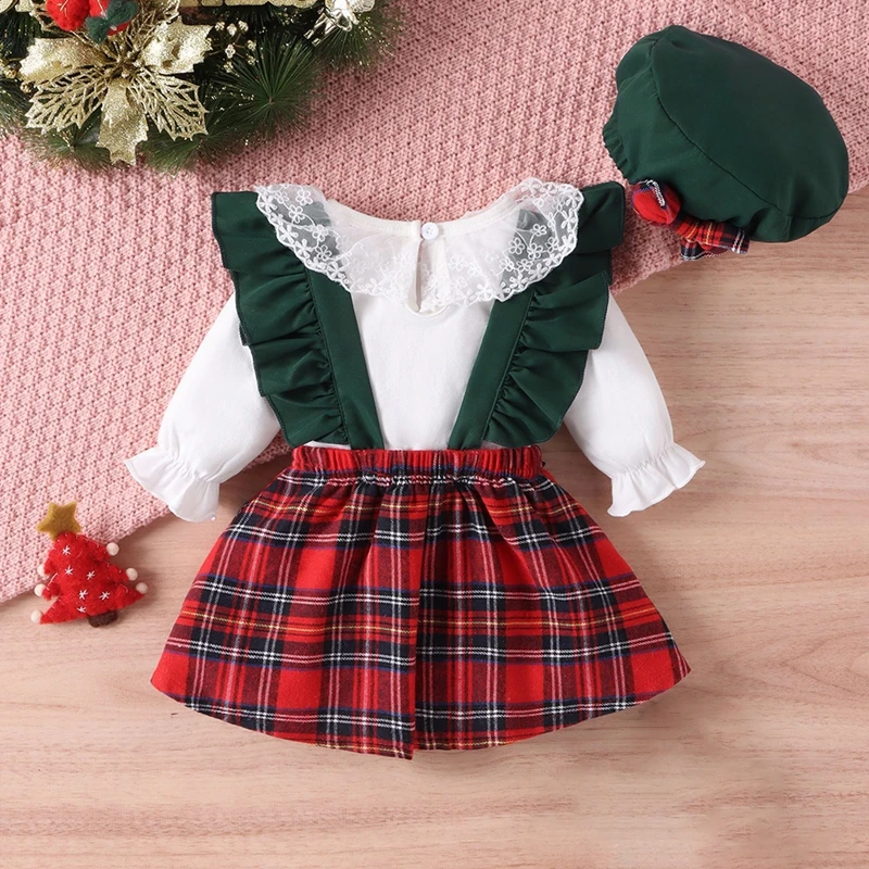 Baywell Baby Christmas Girls Dresses Lace Ruffle Long Sleeve Rompers Bow Plaid Slip Dress Hat Xmas Infant Toddler 3Pcs Clothes