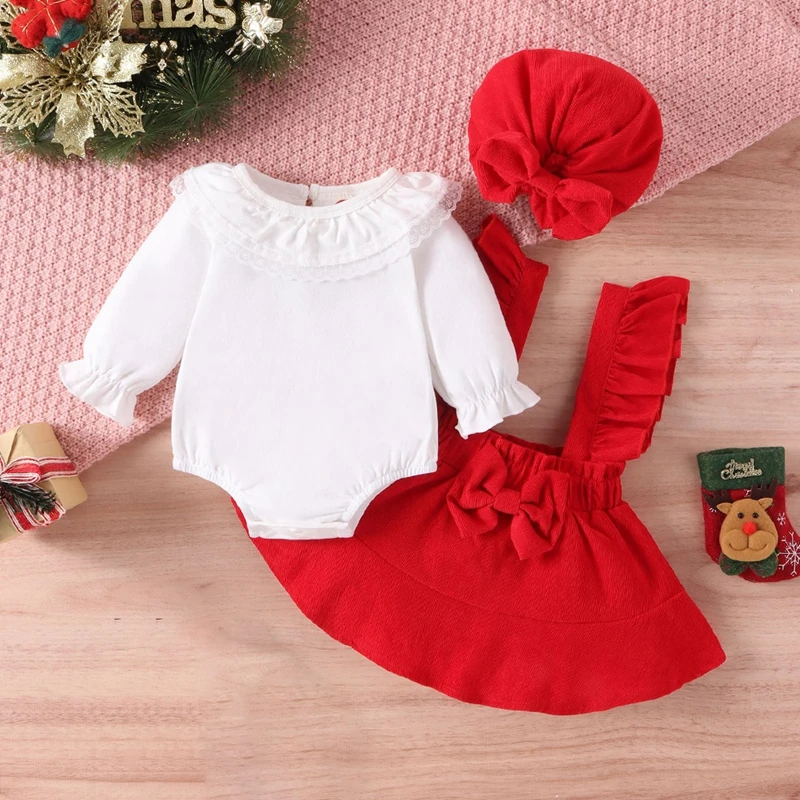 Baywell Baby Christmas Girls Dresses Lace Ruffle Long Sleeve Rompers Bow Plaid Slip Dress Hat Xmas Infant Toddler 3Pcs Clothes