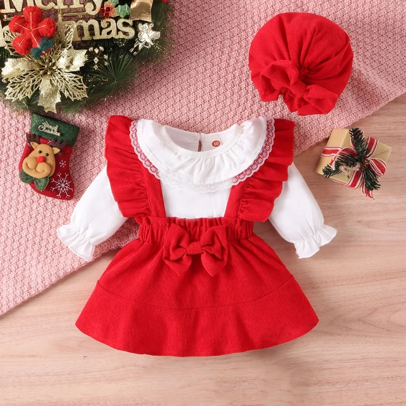 Baywell Baby Christmas Girls Dresses Lace Ruffle Long Sleeve Rompers Bow Plaid Slip Dress Hat Xmas Infant Toddler 3Pcs Clothes