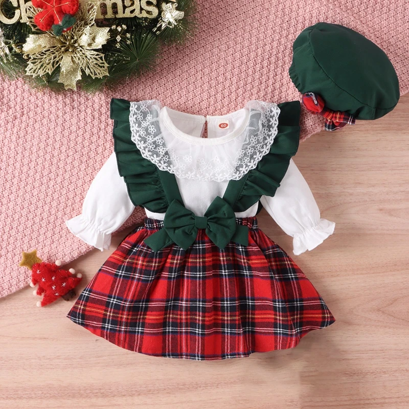 Baywell Baby Christmas Girls Dresses Lace Ruffle Long Sleeve Rompers Bow Plaid Slip Dress Hat Xmas Infant Toddler 3Pcs Clothes